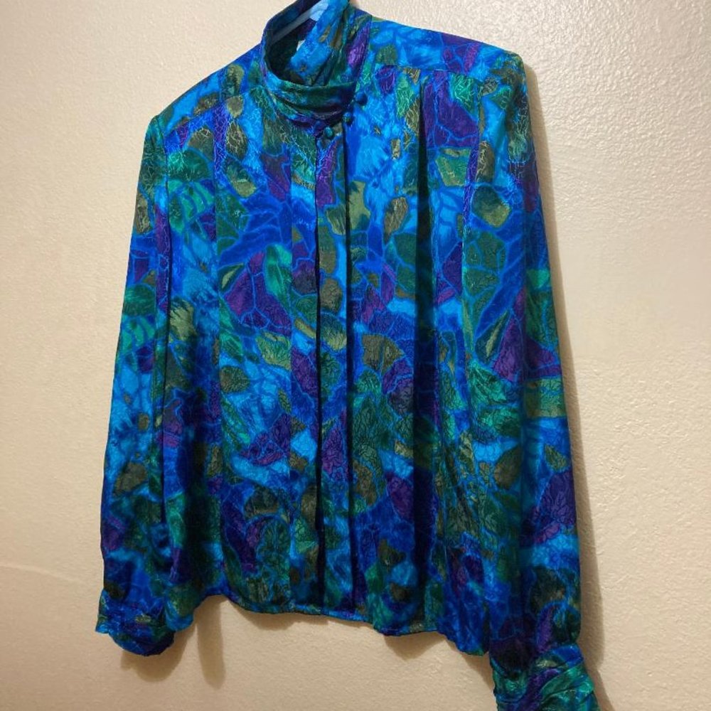 Vintage EJ Harper Women's Geometric Floral Long Sleeve Satin Top Size 10